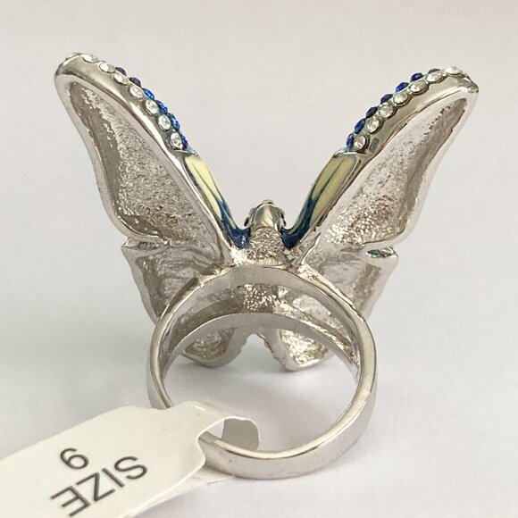 Vintage Blue Butterfly Cocktail Ring Statement Size 7 9 Crystal Rhodium Plated - Picture 5 of 13